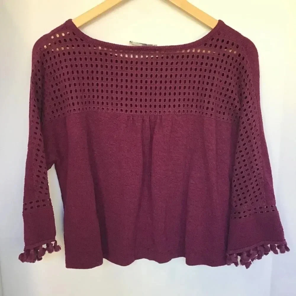 ANTHRO Saturday/Sunday Maroon Tassel Knit Top Long Sleeve Small